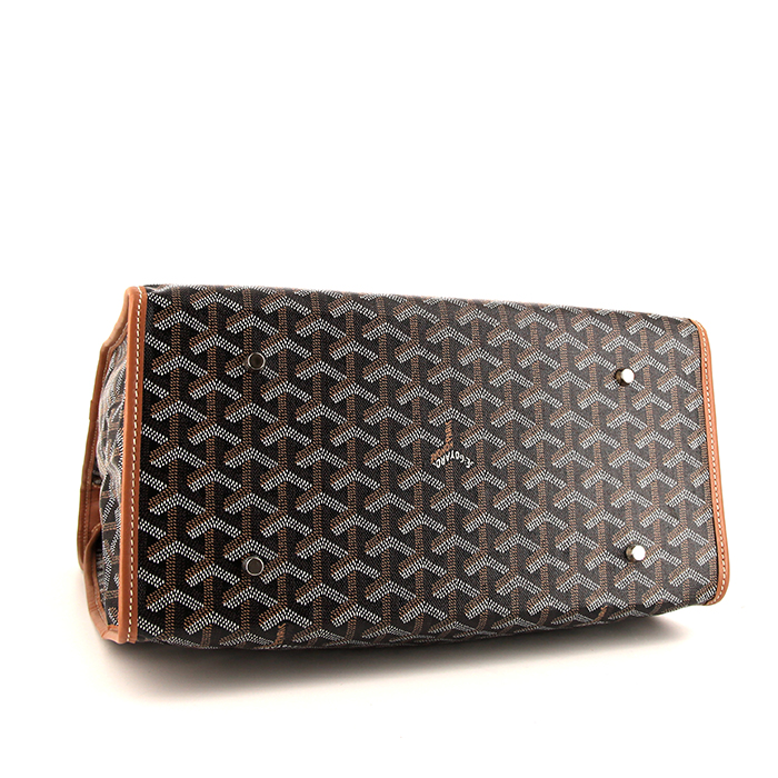 Goyard Saint Leger handbag in black monogram canvas and brown leather - Detail D5