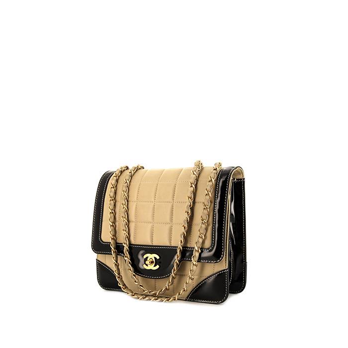 Handbag In Beige Quilted Leather And Black Patent