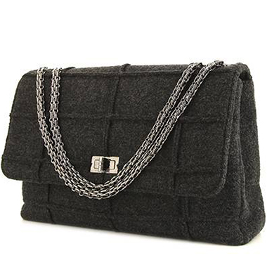 SOLD - CHANEL Grey Wool Felt Black Patent Leather Silver Chain 2