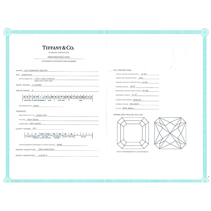 Bague solitaire Tiffany
Co Lucida en platine et diamant (0,41 carat) - Detail D3