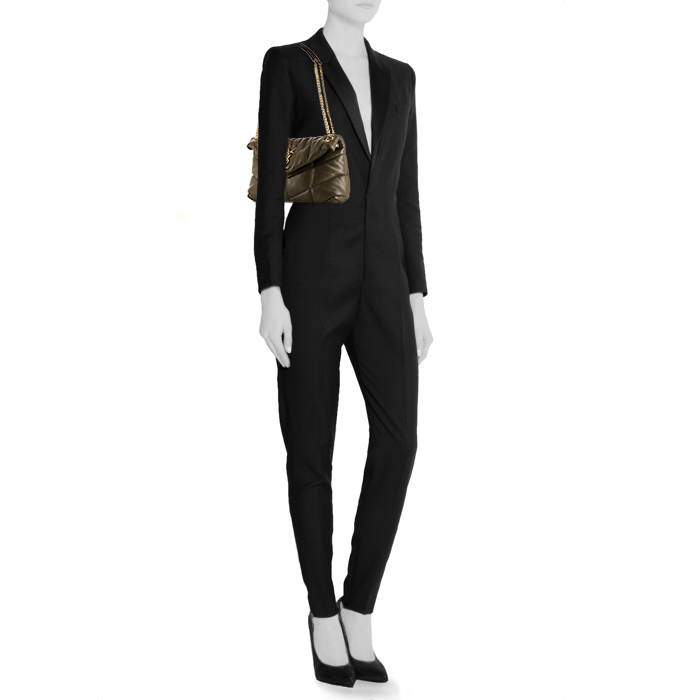 Saint Laurent Loulou shoulder bag in khaki chevron quilted leather - Detail D1