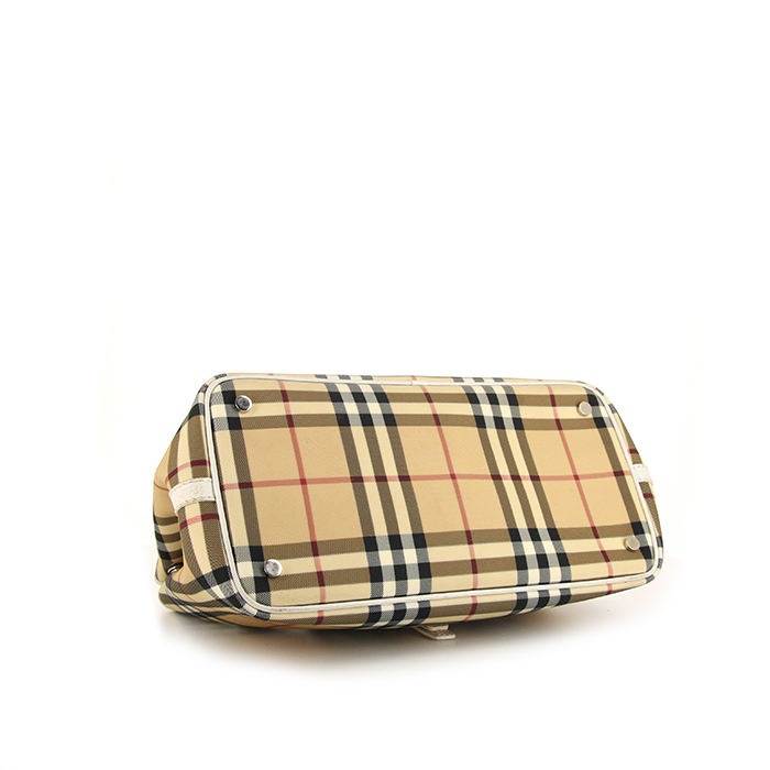 Borsa Burberry in tela Haymarket beige e pelle martellata bianca - Detail D4