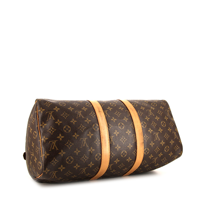 Bolsa de viaje Louis Vuitton Keepall 45 cm en lona Monogram marrón y cuero natural - Detail D4