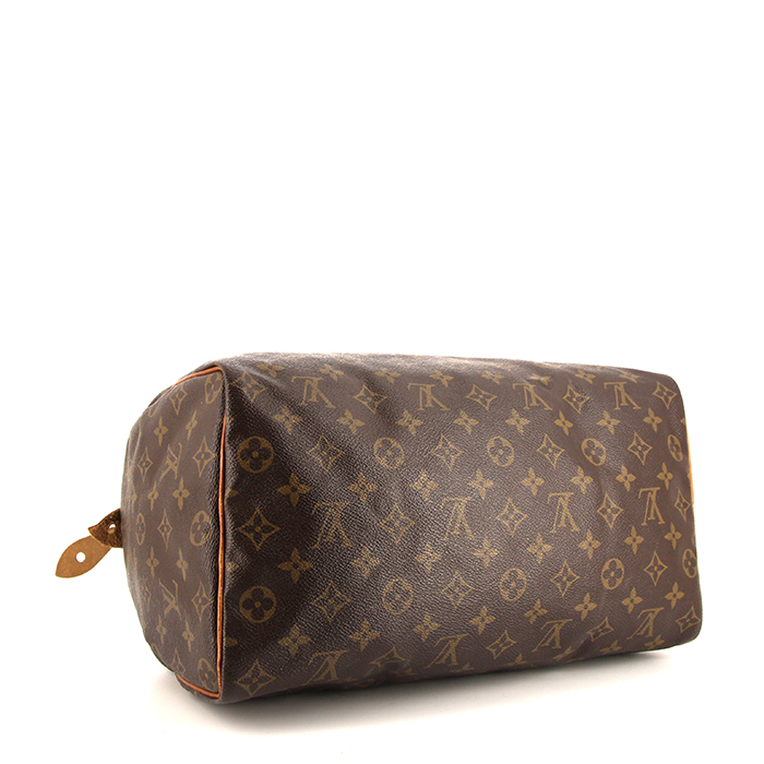 Sac à main Louis Vuitton Speedy 35 en toile monogram marron et cuir naturel - Detail D4