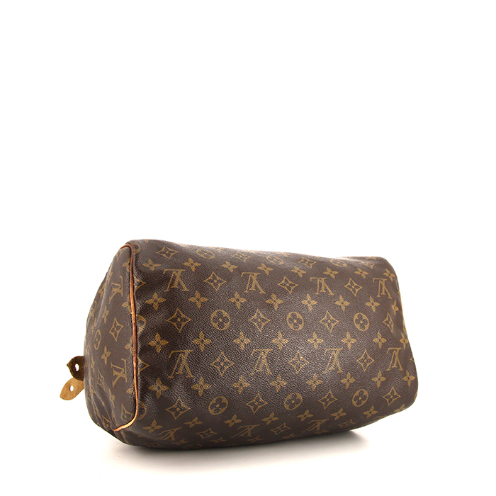 Bolso de mano Louis Vuitton Speedy 30 en lona Monogram marrón y cuero natural - Detail D4