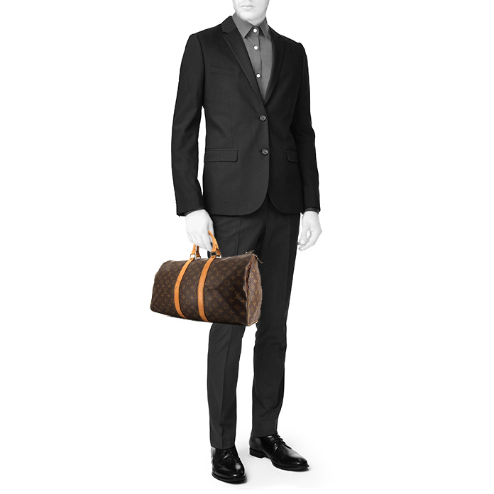 Bolsa de viaje Louis Vuitton Keepall 45 en lona Monogram marrón y cuero natural - Detail D1