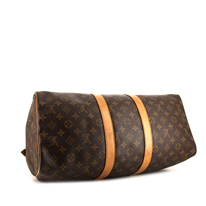 Borsa da viaggio Louis Vuitton Keepall 45 in tela monogram marrone e pelle naturale - Detail D4