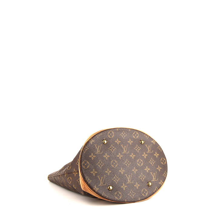Sac cabas Louis Vuitton Bucket grand modèle en toile monogram enduite marron et cuir naturel - Detail D4