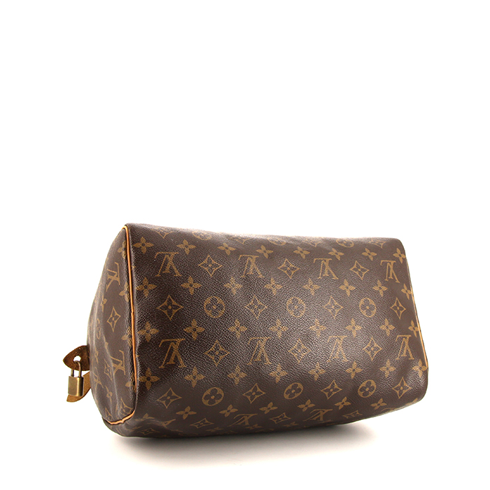 Bolso de mano Louis Vuitton Speedy 30 en lona Monogram marrón y cuero natural - Detail D4