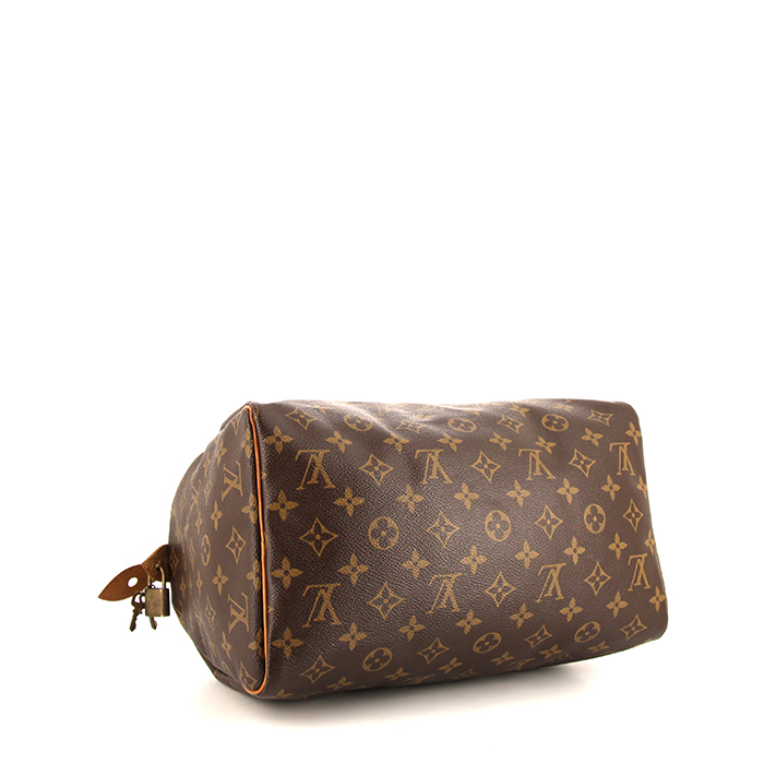 Borsa Louis Vuitton Speedy 30 in tela monogram marrone e pelle naturale - Detail D4