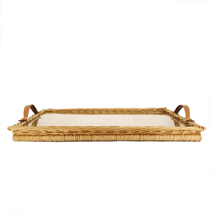 Hermès, large and rare wicker and glass tray with leather handles, signed, from the beginning of 1980's - Detail D2