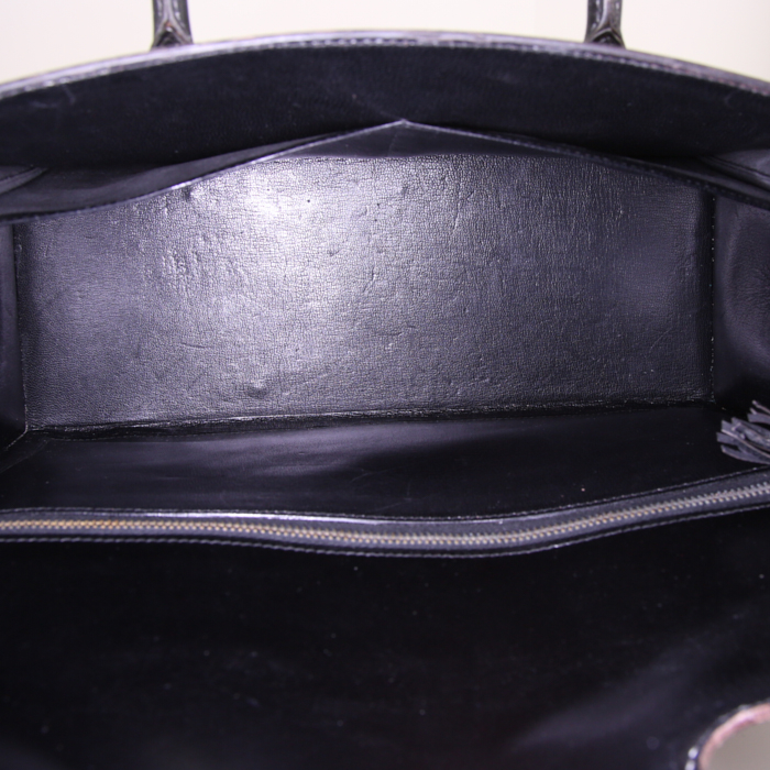 Bolso de mano Hermes Drag en cuero box negro y lona beige - Detail D2