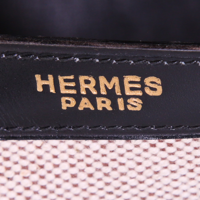 Hermes Drag handbag in black box leather and beige canvas - Detail D3