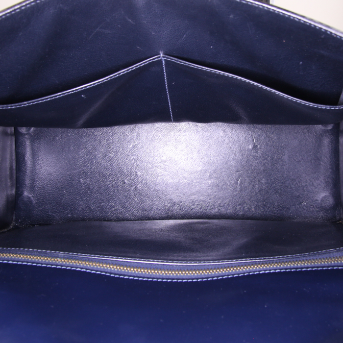Hermes Drag handbag in navy blue box leather and beige canvas - Detail D2
