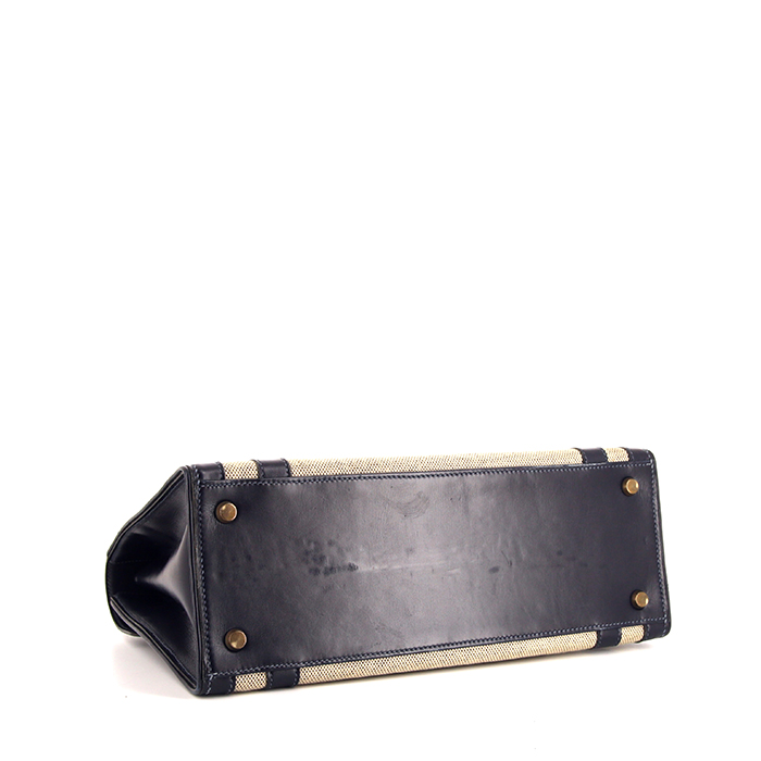 Hermes Drag handbag in navy blue box leather and beige canvas - Detail D4