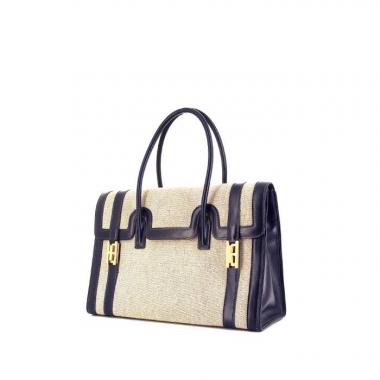 Bolso de mano Hermes Drag en cuero box azul marino y lona beige