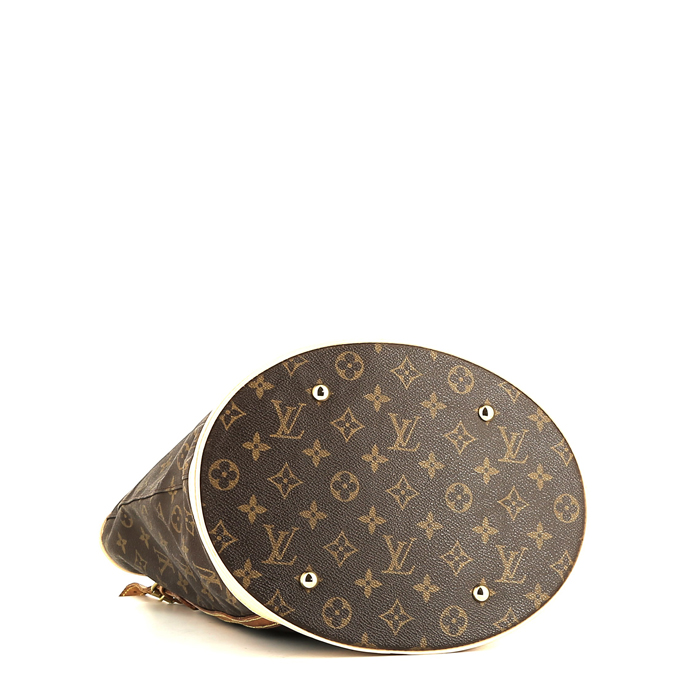 Sac cabas Louis Vuitton  Bucket grand modèle  en toile monogram marron et cuir naturel - Detail D4