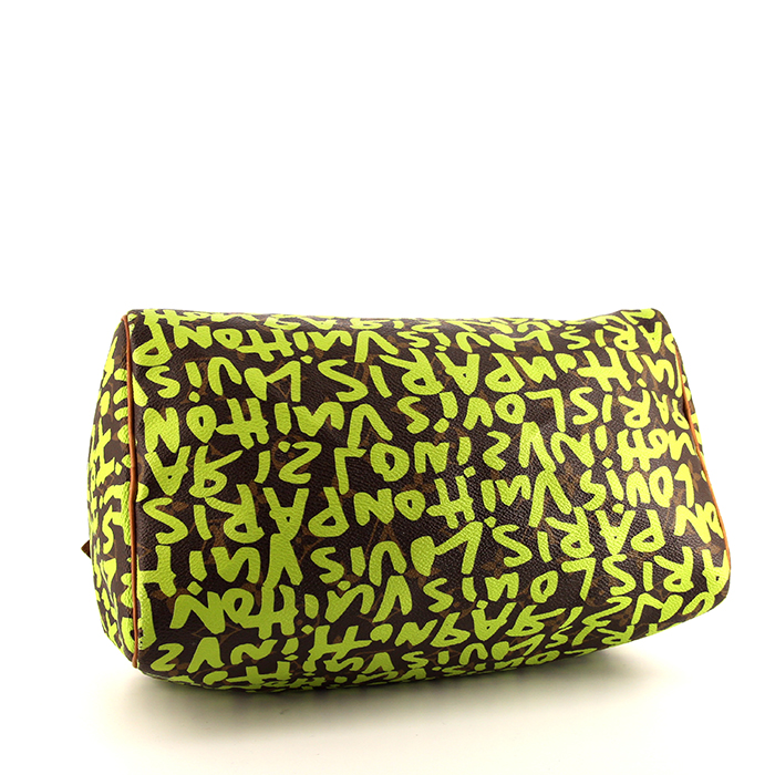 Borsa Louis Vuitton Speedy Editions Limitées in tela monogram marrone e verde con decoro graffiti e pelle naturale - Detail D4