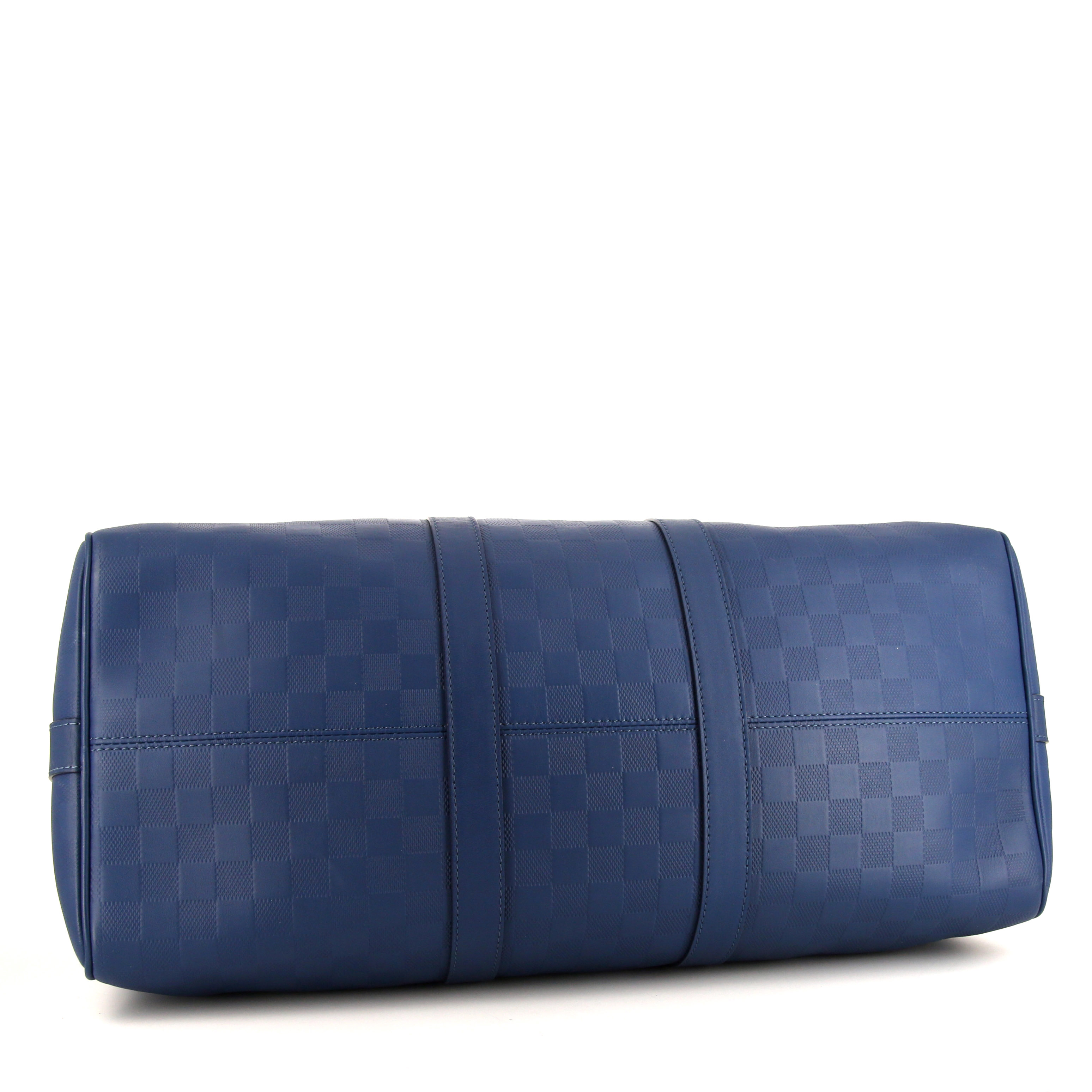 Borsa weekend Louis Vuitton Keepall Editions Limitées in cuoio con fantasia a scacchi blu - Detail D5