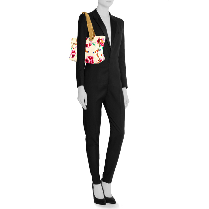 Sac cabas Chanel en toile beige et cuir doré - Detail D1