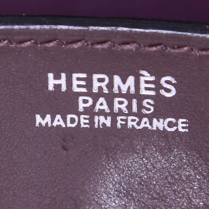 Hermes Birkin 30 cm handbag in chocolate brown box leather and purple piping - Detail D3