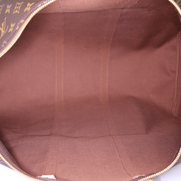 Borsa da viaggio Louis Vuitton Keepall 55 cm in tela monogram marrone e pelle naturale - Detail D2
