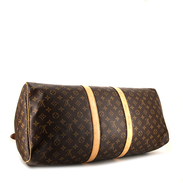 Sac de voyage Louis Vuitton Keepall 55 cm en toile monogram marron et cuir naturel - Detail D4