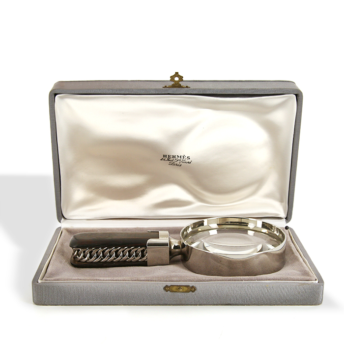 Hermès, rare magnifying glass, in silvered metal by Ravinet Denfert and rosewood, original box, signed, circa 1980 - Detail D1