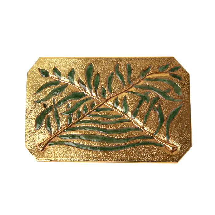 Line Vautrin, poudrier "Feuilles de laurier entrelacées", en bronze doré et émaillé, signé, des années 1950
