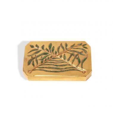 Line Vautrin, "Feuilles de laurier entrelacées" compact box, in gilt bronze and enamel, signed, from the 1950's