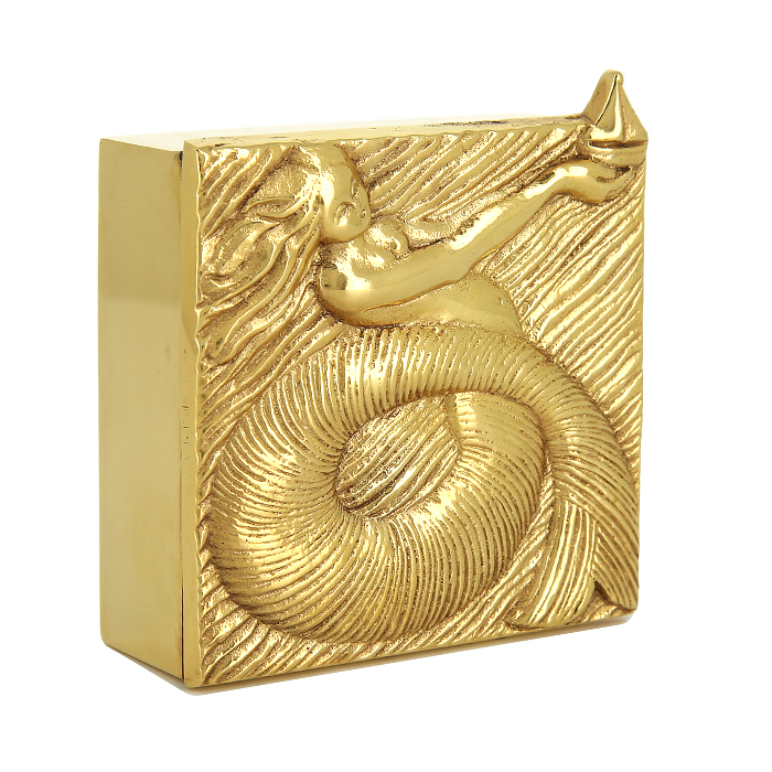 Line Vautrin, "La sirène et le navire" box, in gilt bronze, signed, from the 1950's