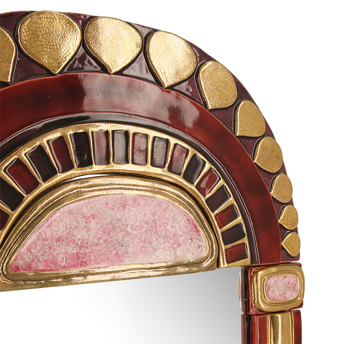 Mithé Espelt, grand et rare miroir "Theodora", en terre estampée et émaillée, or craquelé et verre cristallisé, des années 1990 - Detail D1
