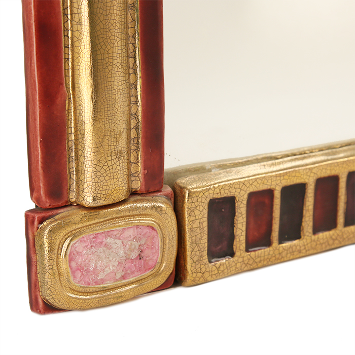 Mithé Espelt, large and rare "Theodora" mirror, in embossed and glazed earthenware, crackled gold and crystallized glass, from the 1990's - Detail D3
