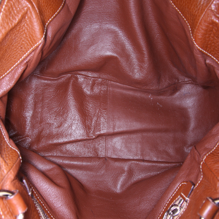 Sac à main Prada en osier beige et cuir grainé marron - Detail D2