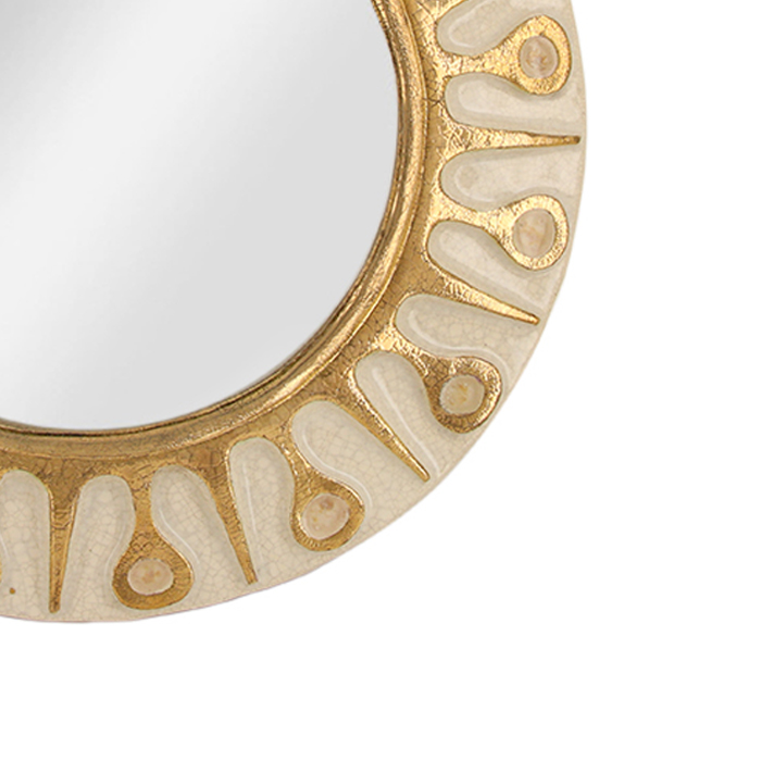 Mithé Espelt, large and rare "Soleil" mirror, in embossed and glazed earthenware, crackled gold and crystallized glass, of 1975 - Detail D2