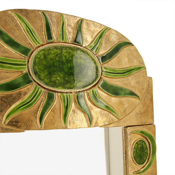 Mithé Espelt, large and rare "Marly" mirror, in embossed and glazed earthenware, crackled gold and crystallized glass, of 1979 - Detail D1