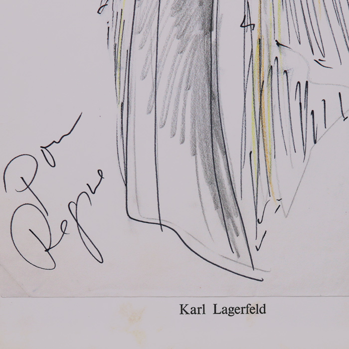 Karl Lagerfeld, fashion sketch "for Régine", mixed technique on paper covered on letterhead, annotated, with a fabric sample, framed, from the 1980’s - Detail D1