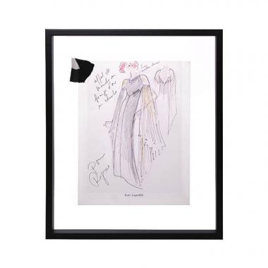 Karl Lagerfeld, dessin de mode "pour Régine", technique mixte sur papier contrecollé sur papier entête, annoté avec un échantillon de tissu, encadré, des années 1980