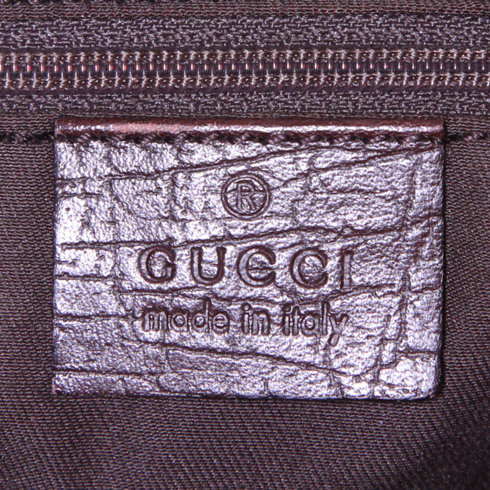 Bolso para llevar al hombro o en la mano Gucci Jackie en cuero marrón y lona Monogram beige - Detail D3