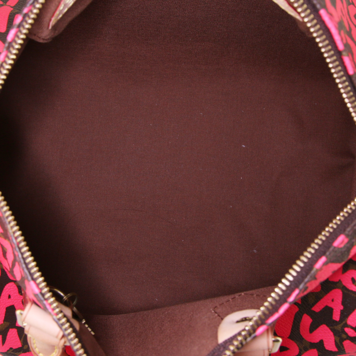 Borsa Louis Vuitton Speedy Editions Limitées in tela monogram marrone e rosa con decoro graffiti e pelle naturale - Detail D2
