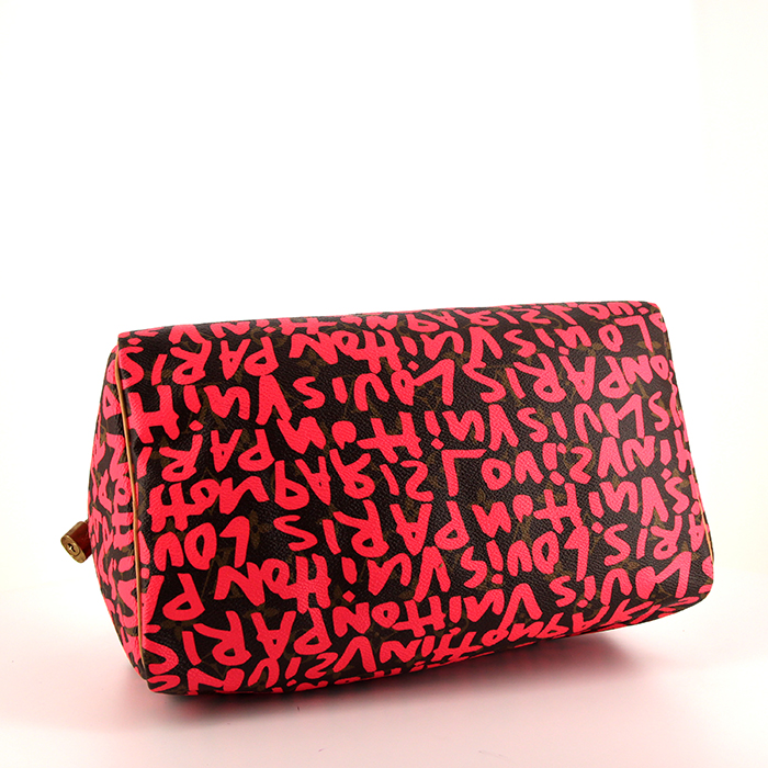 Borsa Louis Vuitton Speedy Editions Limitées in tela monogram marrone e rosa con decoro graffiti e pelle naturale - Detail D4