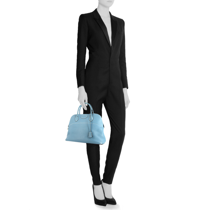 Bolso de mano Hermès Bolide 35 cm en cuero taurillon clémence azul - Detail D1