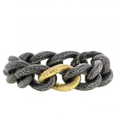 Bracelet David Yurman Hammered Curb Chain en argent noirci et or jaune