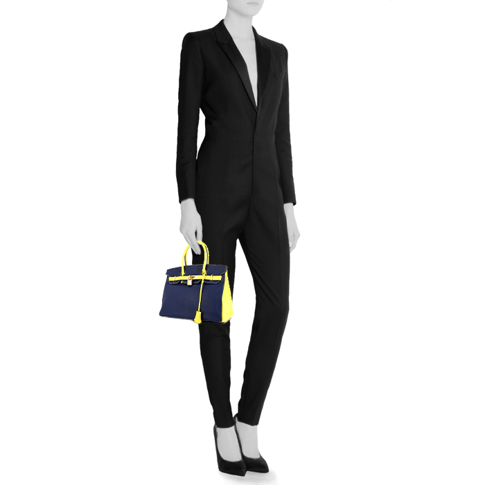 Sac à main Hermes Birkin 30 cm en cuir Mysore bicolore bleu- électrique jaune Soufre et étoupe - Detail D1