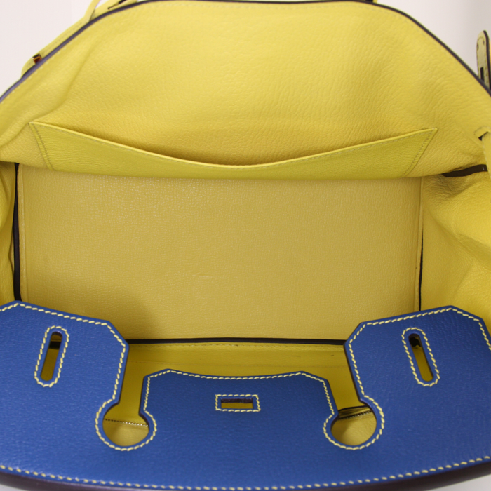 Sac à main Hermes Birkin 30 cm en cuir Mysore bicolore bleu- électrique jaune Soufre et étoupe - Detail D2