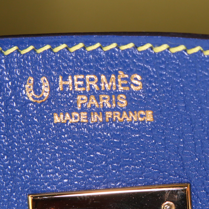 Sac à main Hermes Birkin 30 cm en cuir Mysore bicolore bleu- électrique jaune Soufre et étoupe - Detail D3