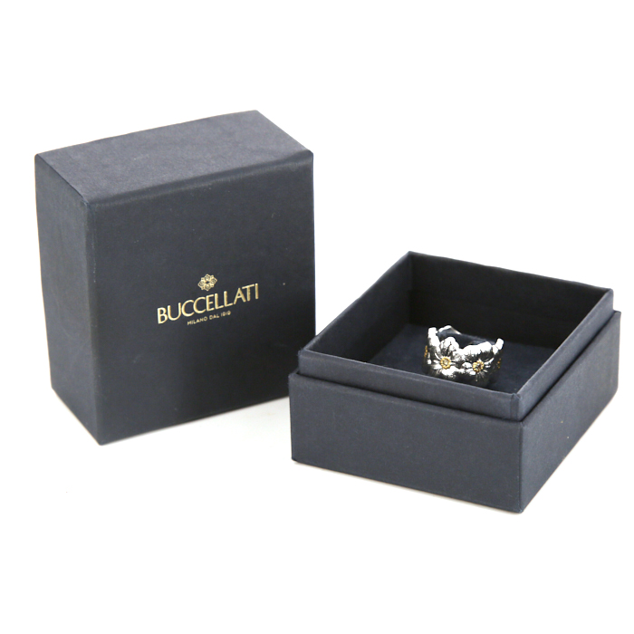 Open Buccellati Blossom Gardenia ring in silver,  yellow gold and diamonds - Detail D2