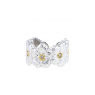Open Buccellati Blossom Gardenia ring in silver,  yellow gold and diamonds