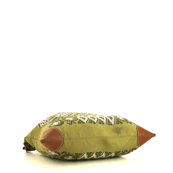 Sac à main Hermès Silk City en soie vert-kaki et cuir Barénia marron - Detail D4