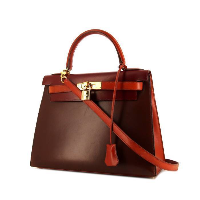 Hermes Kelly 28 cm handbag in red H, brown and fawn tricolor box leather - 00pp